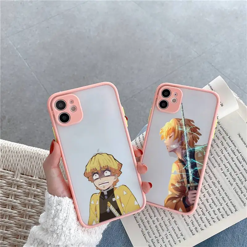 

Japan Anime Kimetsu no Yaiba Phone Case For iPhone 13 12 11 Mini Pro XR XS Max 7 8 Plus X Matte transparent Pink Back Cover