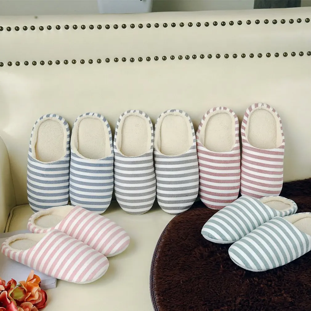 

Women's & Men's Striped Indoor Cotton Slippers Anti-slip Winter House Shoes Soft Bottom Cotton Slippers Home Slippers