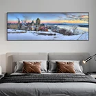 Пейзаж большого размера, холст, живопись, европейский город, снег, сумерки, плакат, печать, настенное искусство для гостиной, домашний декор, картины без рамки