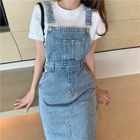 pockets korean medium length dress women denim new fashion suspender blue black sleeveless solid a line denim dress women 987j