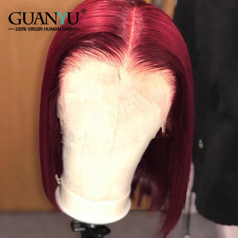 Burgundy 99J Short Bob Lace Front Wig Human Hair Pre plucked Brazilian Remy Straight Colored Red Wig with Baby Hair