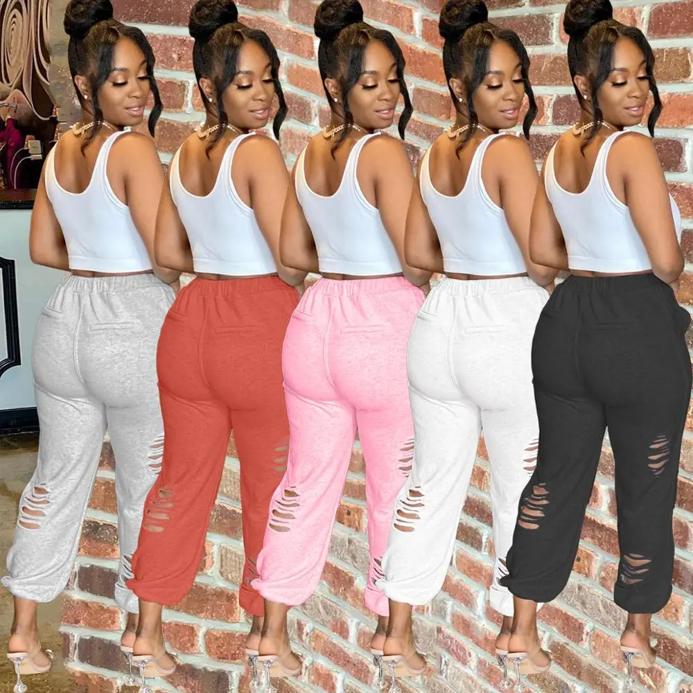 

Streetwear Solid Hollow Hole Ripped Harem Pant Women High Waist Drawstring Loose Trouser Activewear Workout Running Sportswear