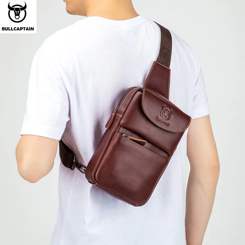 BULLCAPTAIN-Men's Chest Bag Head Layer Cowhide Casual Sports Personality Leather Multi-Function Shoulder Messenger Bag