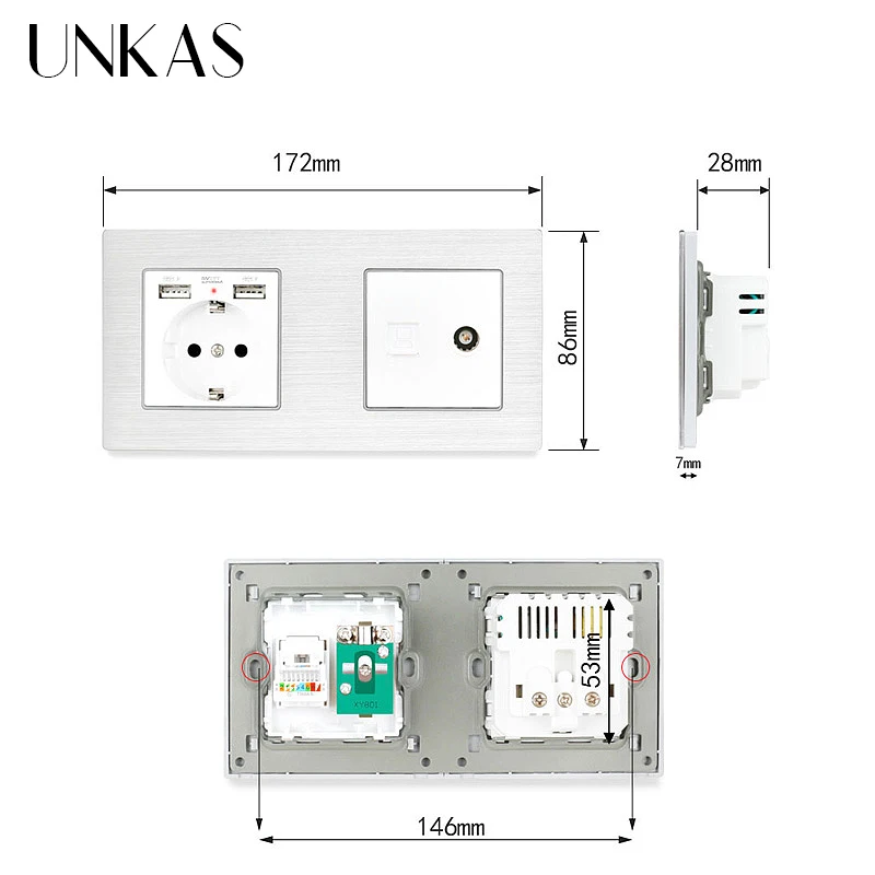 UNKAS Алюминий Панель Европейская розетка с Dual USB + RJ11 телефонное гнездо RJ45 данных
