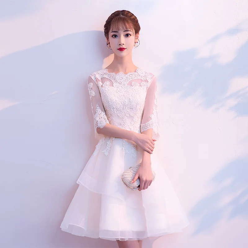 Элегантное кружевное вечернее платье с вышивкой модное короткое круглым вырезом