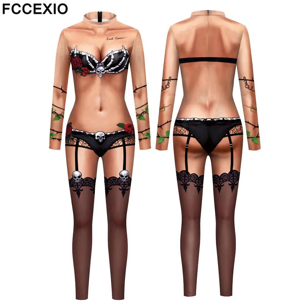 FCCEXIO-Disfraz de esqueleto terrorista para mujer, traje de manga larga con estampado 3D, para fiesta de Halloween