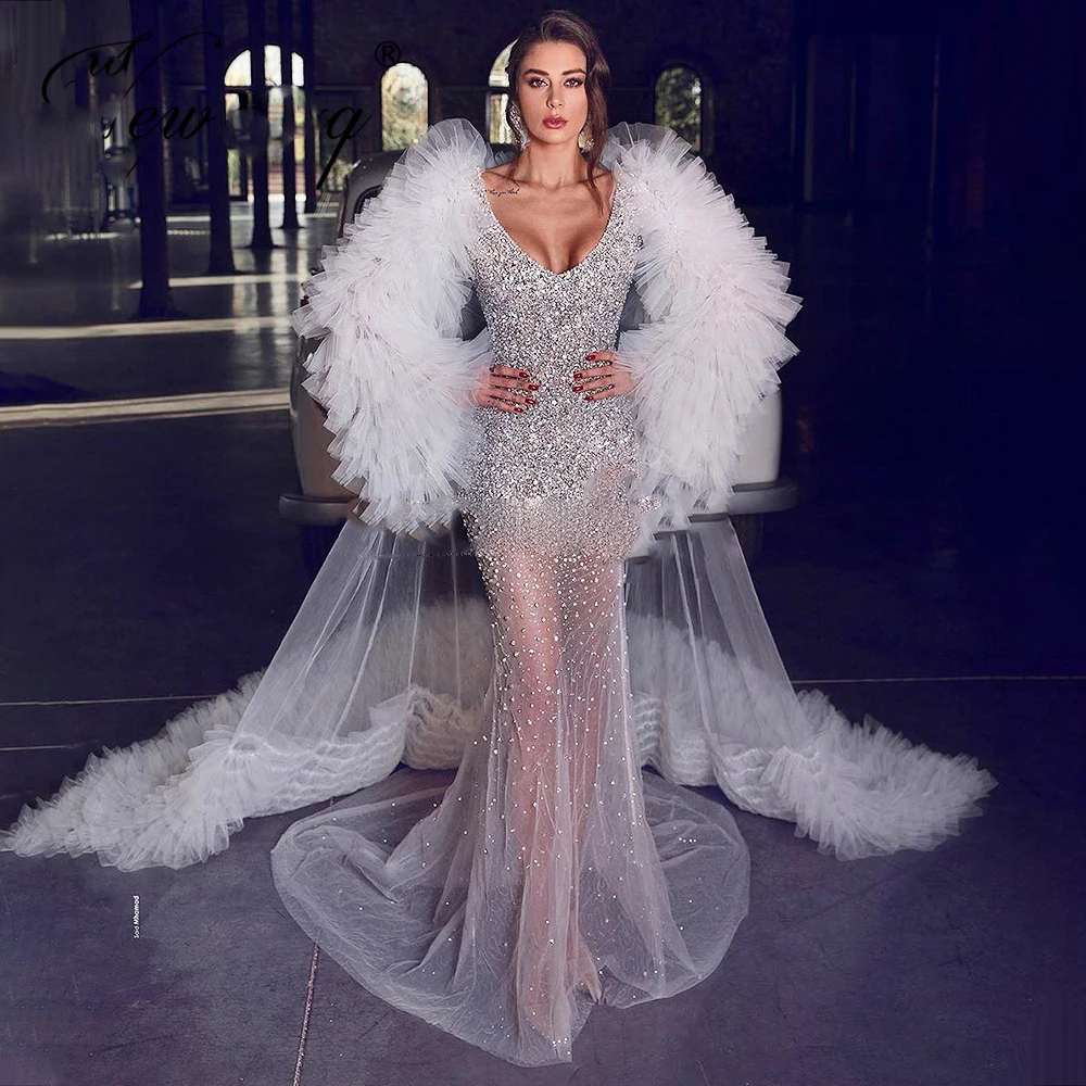 

Heavy Beading Mermaid Prom Dresses with Cape Luxury Puffy Long Sleeves Tulle Court Train Chic Evening Gown Party Formal Dress