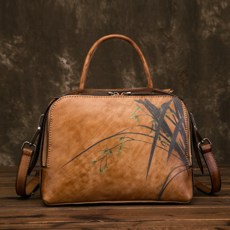 European And American Style Women's Handbags Retro Leather Top Layer Cowhide Handbags Casual Fashion Orchid Grass Series