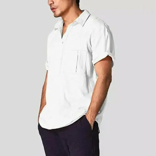 Рубашка Мужская льняная с коротким рукавом Повседневная Свободная сорочка в
