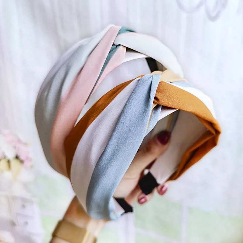 

2021 Summer Solid Color Fabric Top Kink Rainbow Headband Women Wide-Brimmed Stripe Hairbands Bezel Girls Hair Accessories