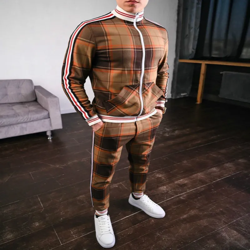 

New Men Sportsuits Set Fitness Suits Autumn Men Set Long Sleeve Stripe Hoodies Pants Gyms Casual Sportswear Suit