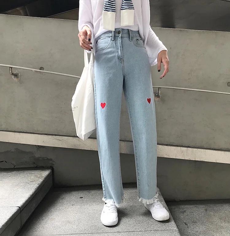 Cowboy Women's Spring New Style CHIC Korean-style High-waisted Love Embroidered Loose-Fit Loose Pants Versatile Slimming Straigh