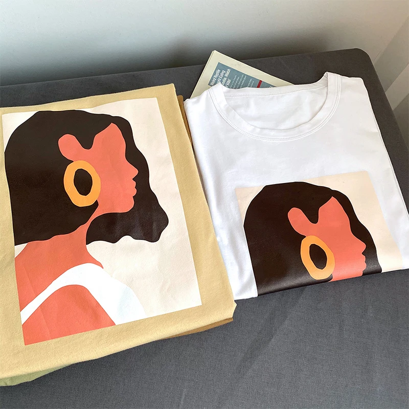 

Sweetkama Summer Casual Abstract T-shirt Casual Character Short Sleeve Loose Round TShirt Neck Printed Fashion Women