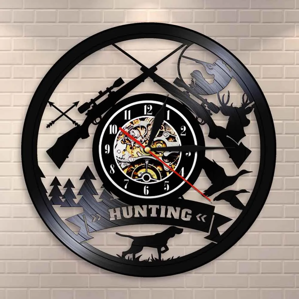 

Hunting Logo Rifle Gun Sign Wall Clock Animal Hunting Adventure Vinyl Record Wall Clock Wilderness Tribal Wall Decor Hunter Gift