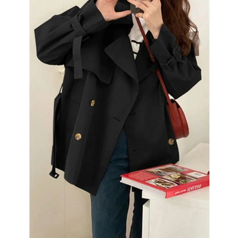 Женское элегантное черное пальто Осеннее женское двубортное длинное с шипами