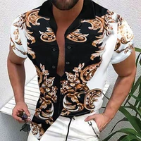 mens springsummer large size m 3xl retro fashion print loose lapel shirt with short sleeves