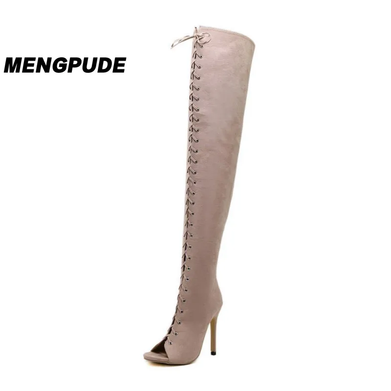 

MPD Women Summer Shoes Over the Knee High Heels Boots Cross Tied International Lace-up trimmed stiletto boots Silk fabric sandal