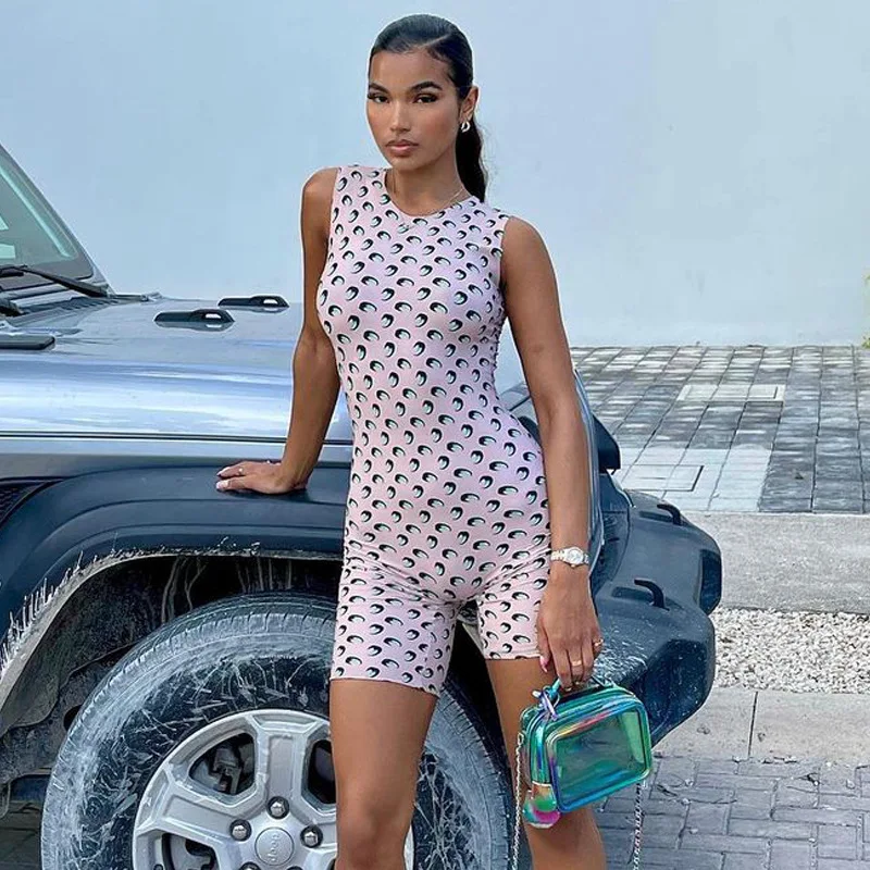 

The new summer 2021 fashion print round neck sleeveless slim buttock jumpsuit shorts