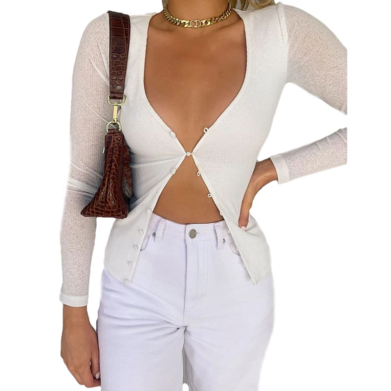 

Women Cardigan Female Button V-Neck Hollow Out Long Sleeve Solid Color Tops Sexy Ladies Spring Autumn Clothing