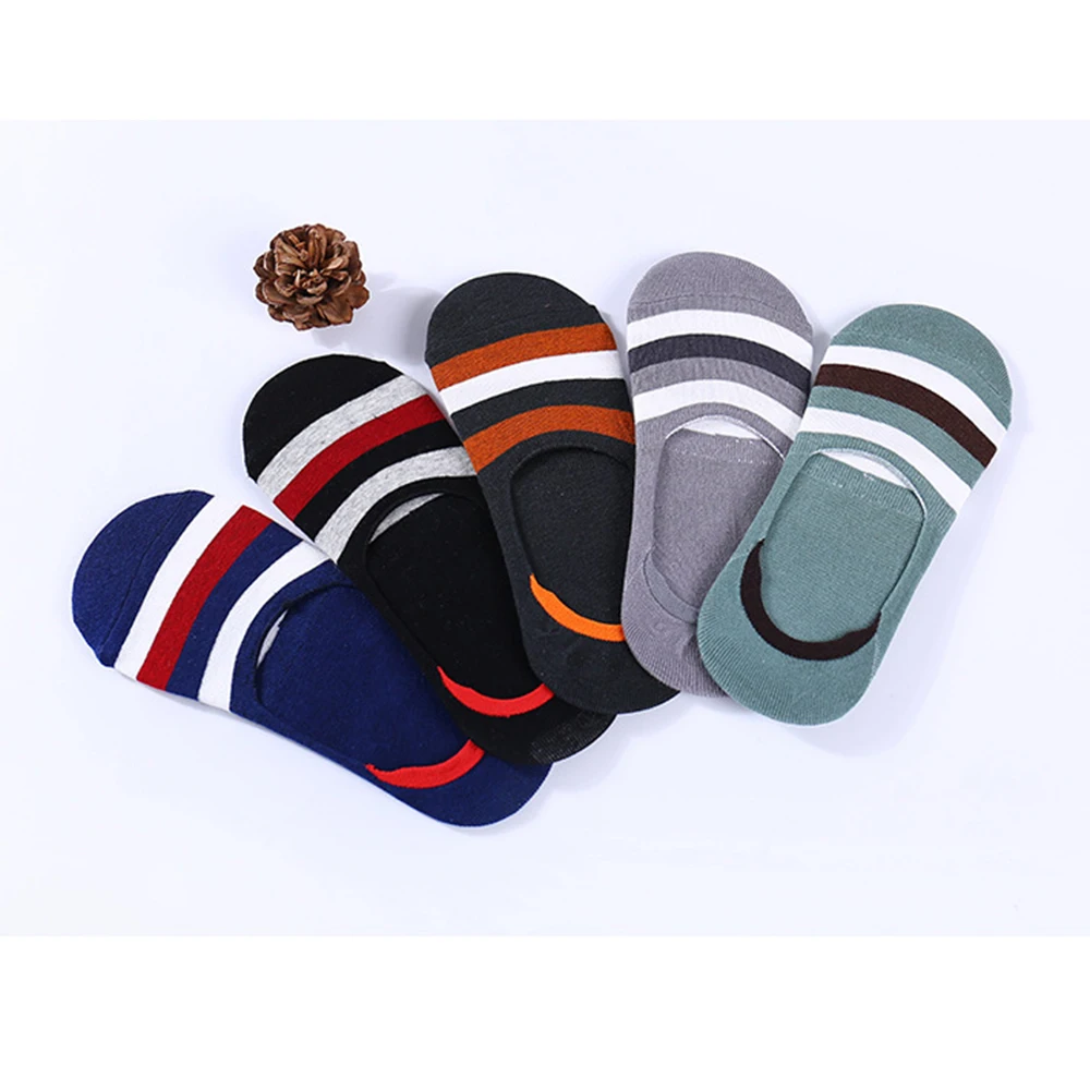 

5 Pairs Silicone Summer Invisible Socks Men Spring Breathable Soft Cotton Shallow Mouth Anti-Shedding Striped Boys Boat Socks