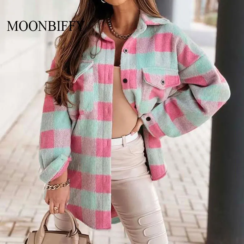 

New Autumn Winter Fashion Single-Breasted Lapel Cardigan Jackets Women Elegant Plaid Warm Long Sleeve Casual Loose Outwear