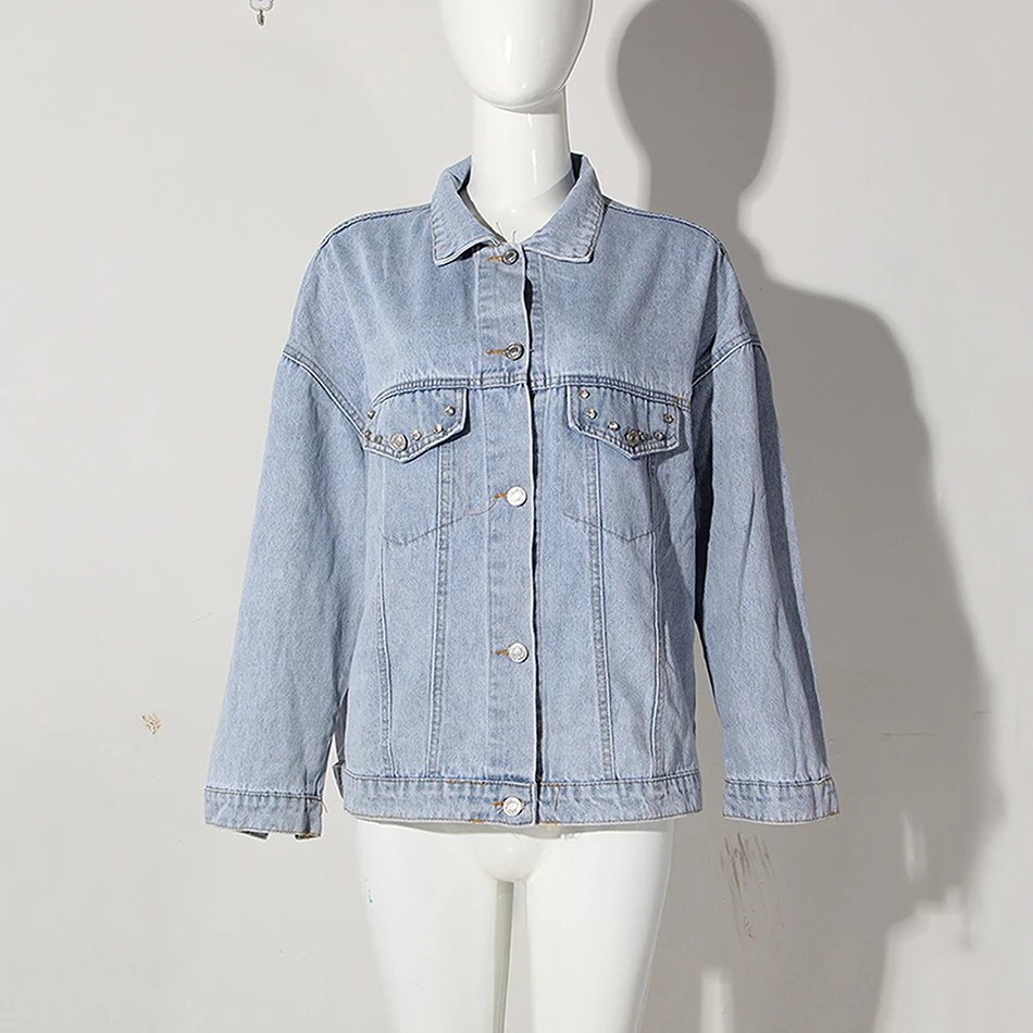 

Denim Jacket Female Light Blue Diamond Tassel Coat Single-Breasted Open Back Women Jeans Coat Autumn Fashion New Clothing