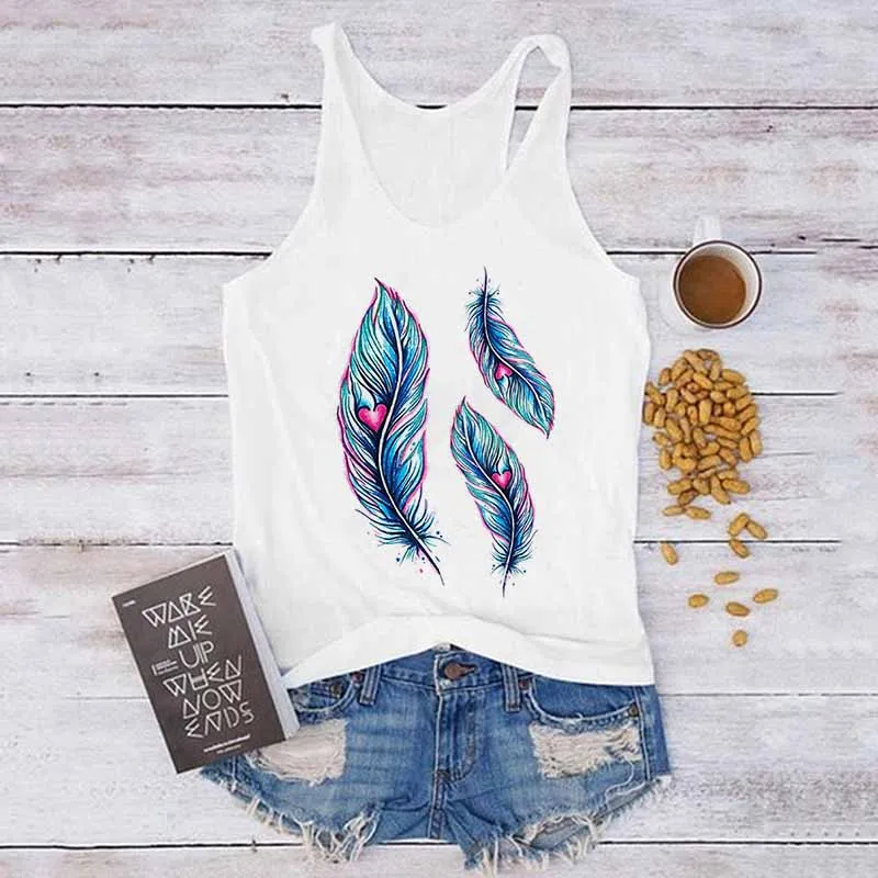 Sexy Tops Summer Harajuku Sleeveless Camisole Tank Vest Feathers Dream Catcher Print Casual Loose Women Female T-Shirt 90s | Женская