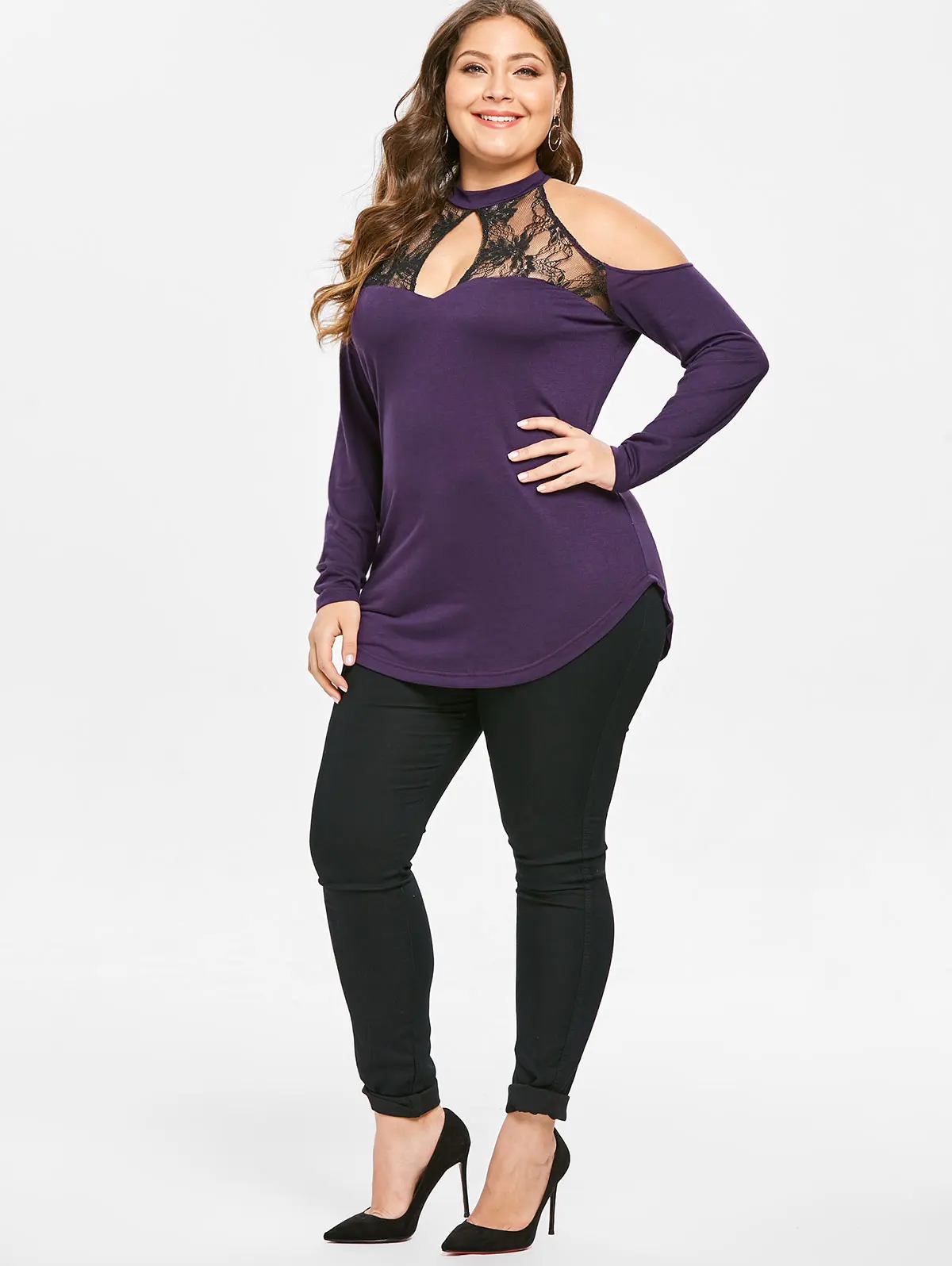 ROSEGAL плюс размер кружевная панель вырез макет шеи Тройник с длинными рукавами