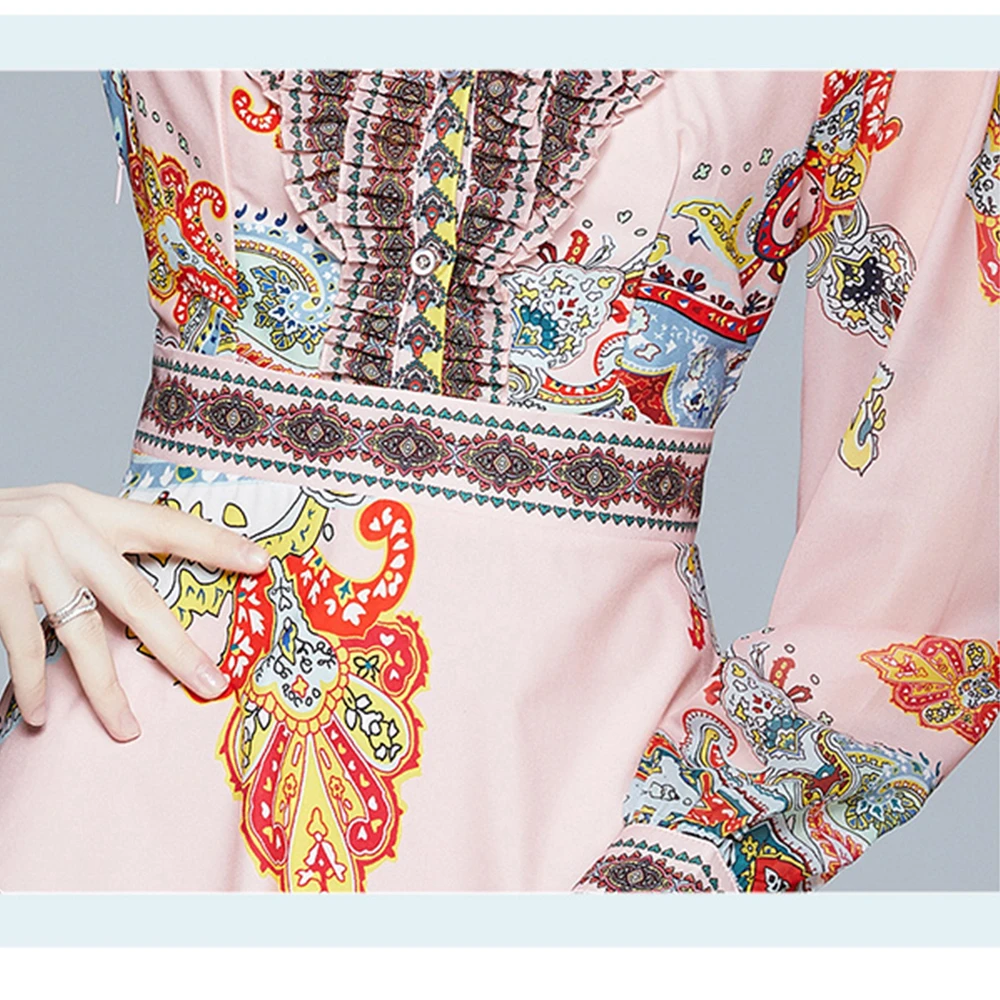 

Banulin Autumn Fashion Runway Holiday Shirt Dress Women's Long Sleeve Turn Down Neck Elegant Chic Floral Print Short Dress