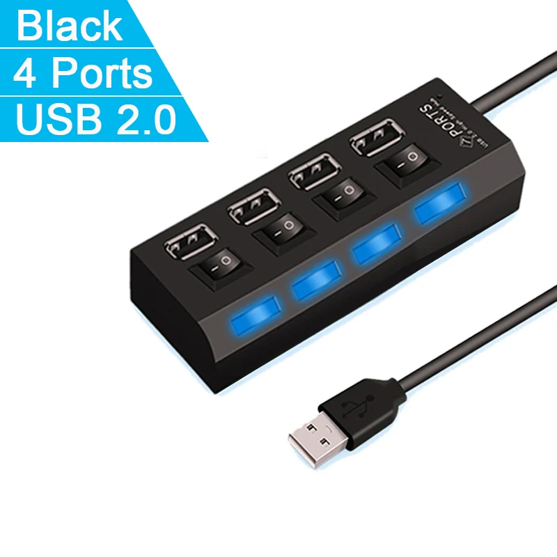 Usb-хаб 2,0 Супер Скорость 480 Мбит/с 4/7 Порты Портативный Micro USB 2,0 HUB разветвитель с светодиодный светильник для ноутбука Планшетные ПК USB 2,0 концентратор - Цвет: 4 Ports Black