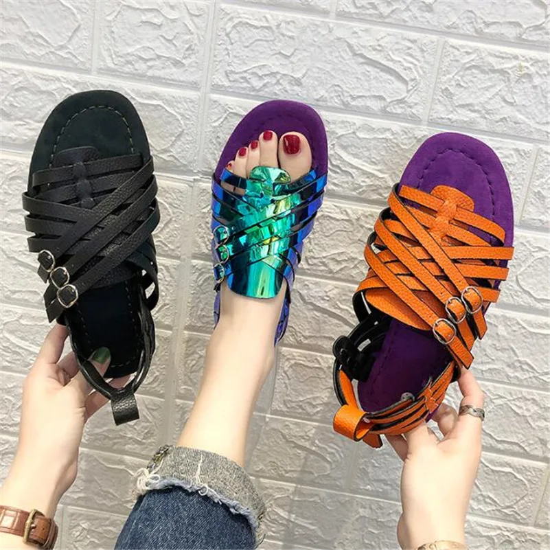 

2019 summer thin band Roman shoes hit color flat shoes student shoes open toe sandals women's shoes