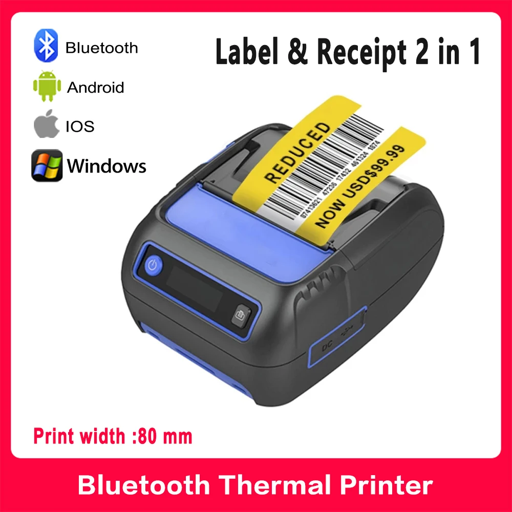 

Портативный термопринтер для этикеток и чеков 2 в 1 POS Bluetooth беспроводной принтер 80 мм Android/iOS/Windows наклейка штрих-кода