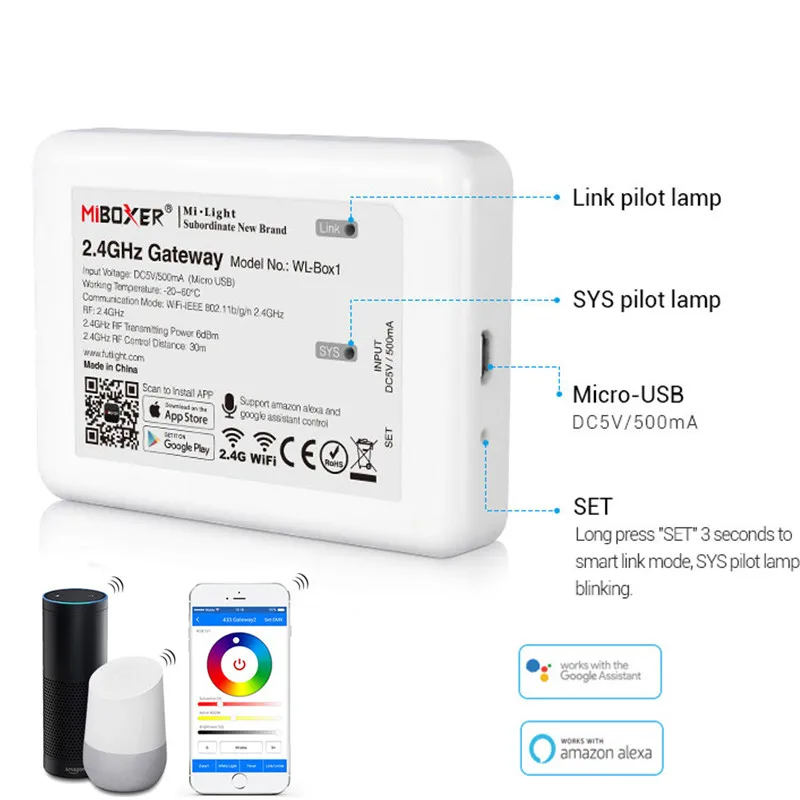 

Miboxer WL-Box1 2.4GHz Gateway Wifi RGB Controller DC5V Compatible With IOS/Andriod System Wireless APP Control For LED Lights