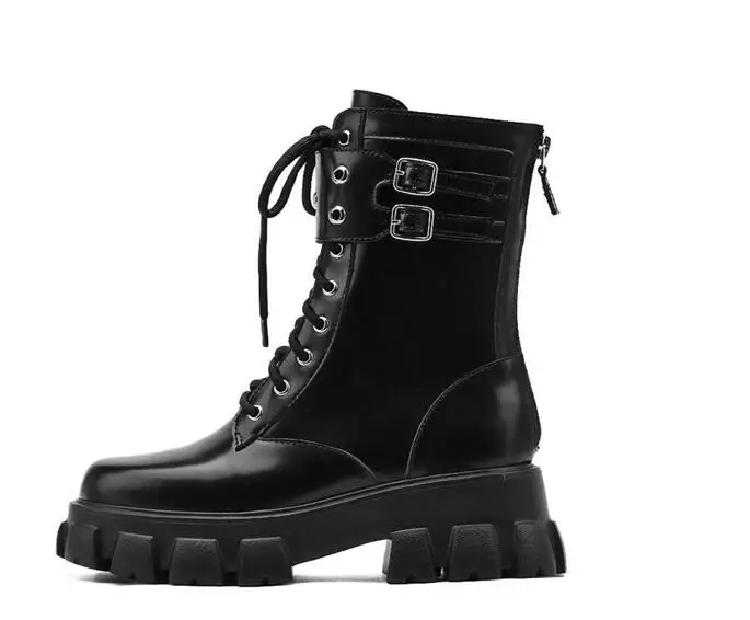 

BONJEAN Autumn Woman Ankle Boots Black Leather Lace-up Riding Boots Platform Thick Heels Shoes 35-40