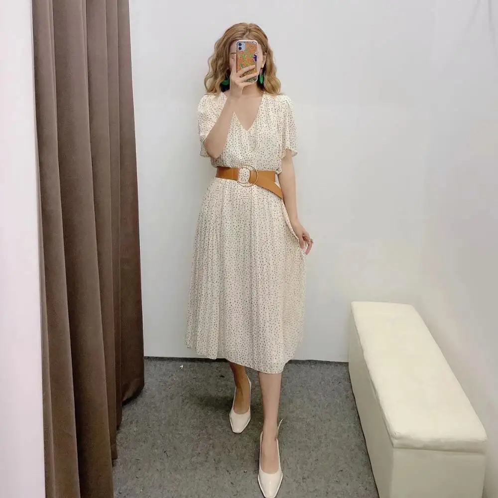 Женское шифоновое платье с поясом повседневное длинное плиссированное