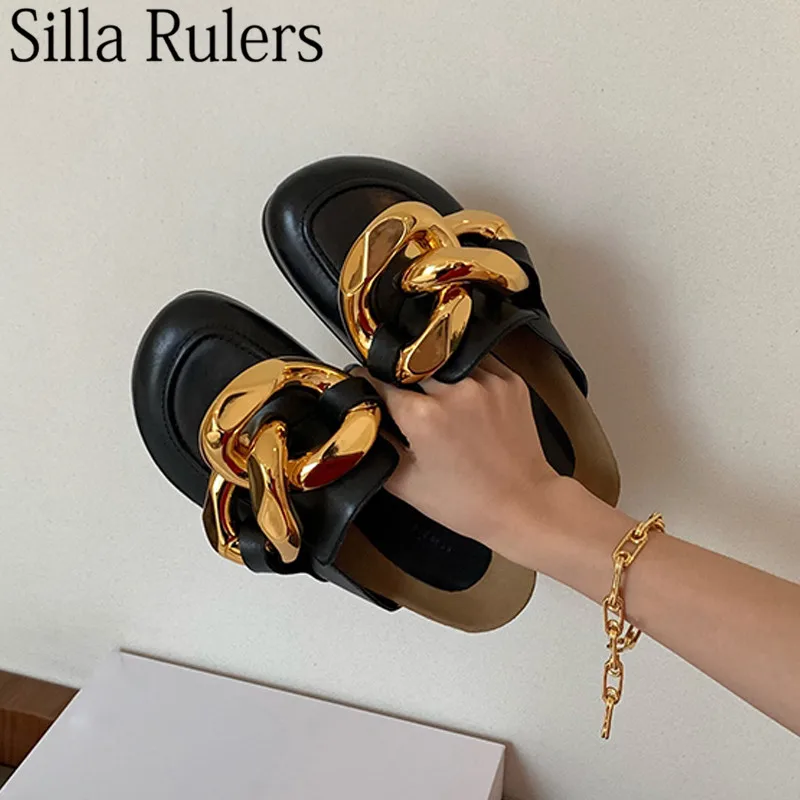 Женские мюли из натуральной кожи с золотистой цепочкой на низком каблуке 2020 |