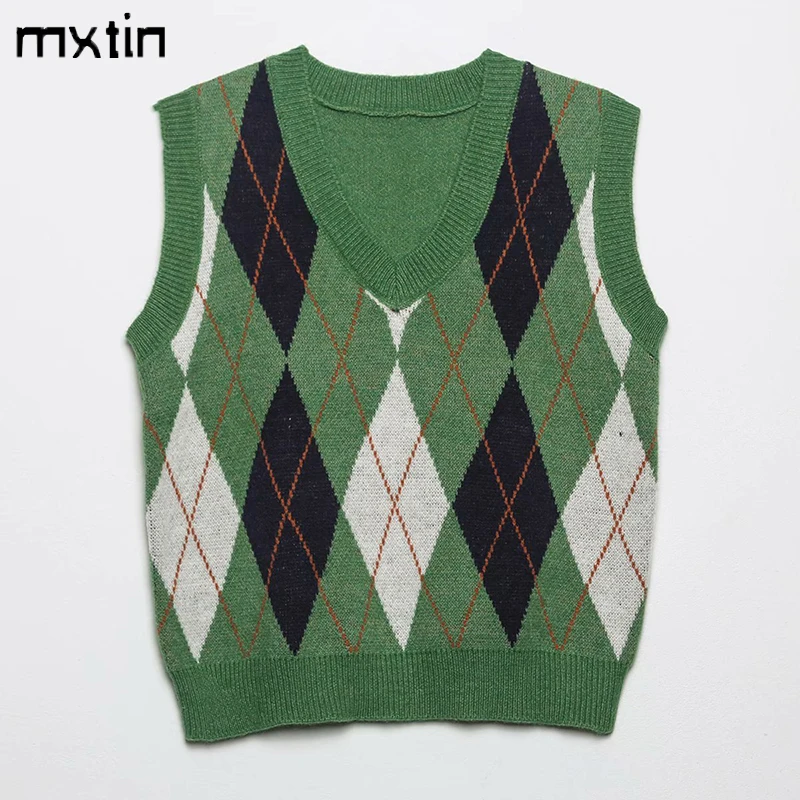 

MXTIN 2021 Women Autumn Vintage Plaid Pullover Knitted Vest Sweater Fashion Sweet V Neck Sleeveless Female Waistcoat Chic Tops