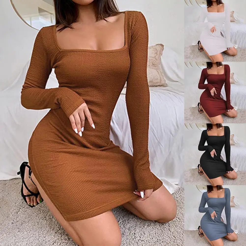 

Вечернее вечерние с низким вырезом, вязаное платье с квадратным вырезом, однотонное женское осеннее платье, женское мини-платье в рубчик с д...