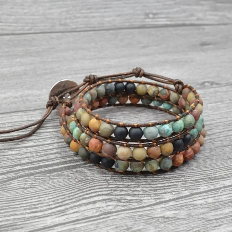 Винтажные кожаные браслеты 6 мм матовый камень 3 пряди плетеные Многослойные