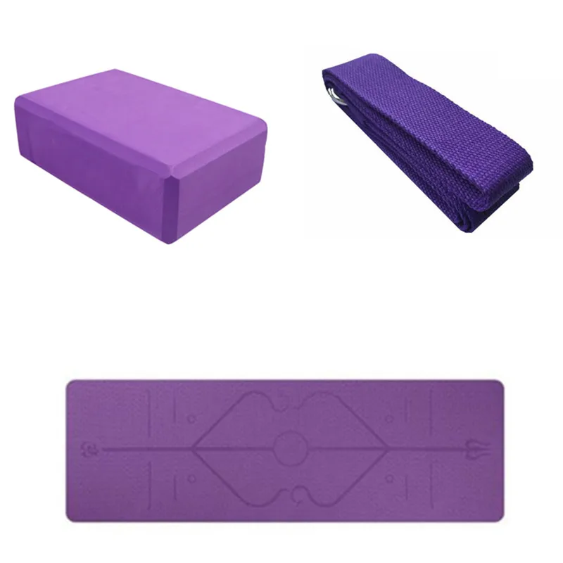 Purple 3 шт. 1 комплект 6 мм TPE коврик для йоги с линией тела нескользящий коврик для фитнеса, спортзала, спорта, пилатеса 183*61 см с ремнем для йоги и блоком - Color: Purple