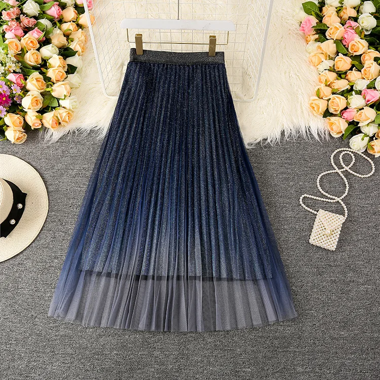 

Korean Elegant Mesh Pleated Skirt Women Elastic Waist 2021 Spring Summer Office Ladies Midi Skirts Saias Jupe
