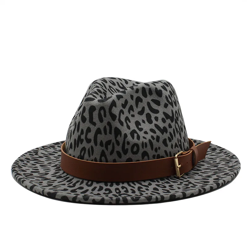 Seioum Unisex Flat Brim Wool Felt Jazz Fedora Hats Men Women Leopard Grain Leather Band Decor Trilby Panama Formal Hats