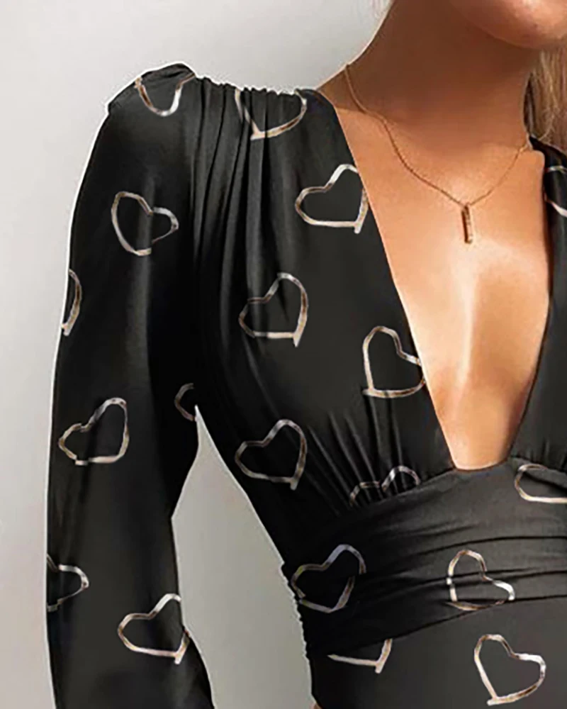 Spring Winter Women  Solid V-Neck Lace Puff Sleeve Skinny Bodysuit Black Casual Body Top Patchwork Jumpsuit Femme 2021 New