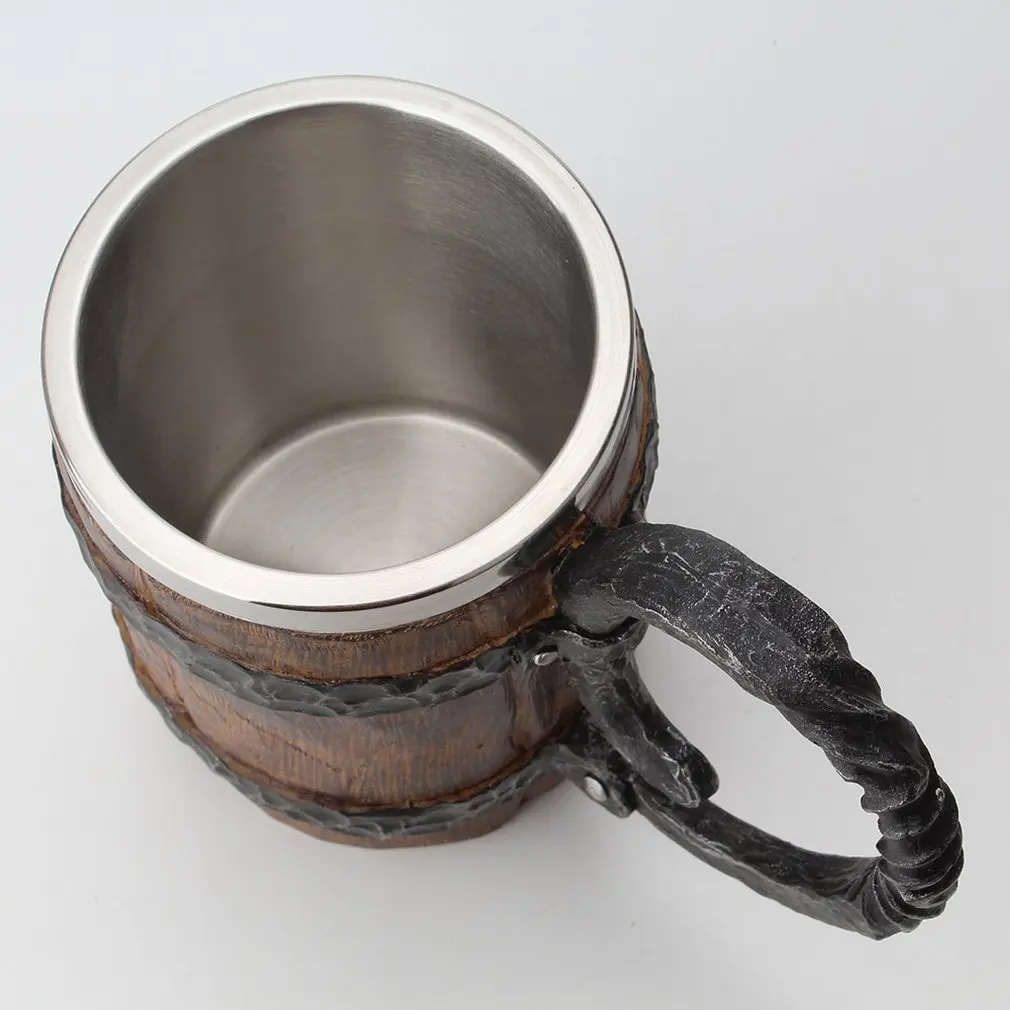 

Original Viking Drinking Mug Sealed Simulation Log Double Stainless Steel Mug Gift Home Cup Wood Color