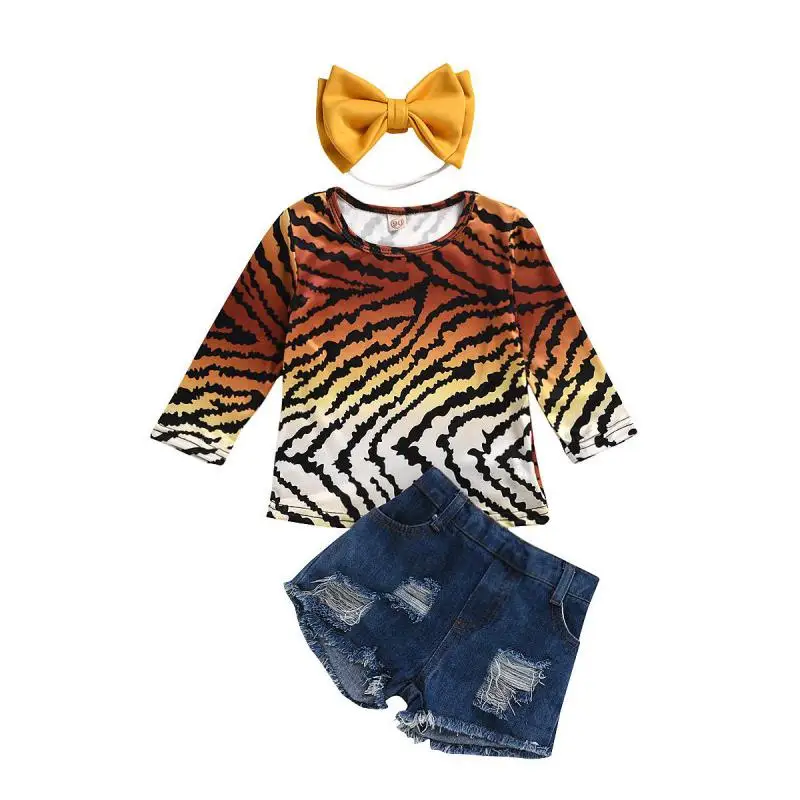 

Spring And Summer Toddler Girl Clothes Girl set Leopard Elastic Print Top+Short Pants Outfits set clothes