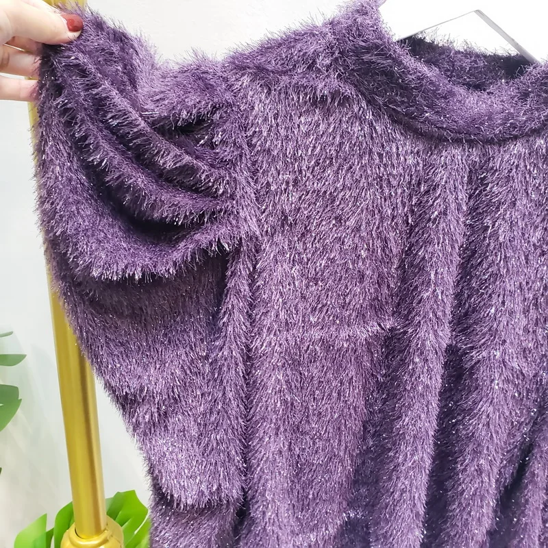 Jersey Mujer 2020 Autumn Fashion Women Black Puff Long Sleeve Loose Bright Silk Mohair Sweater Purple Knitted Pullover Sweaters | Женская