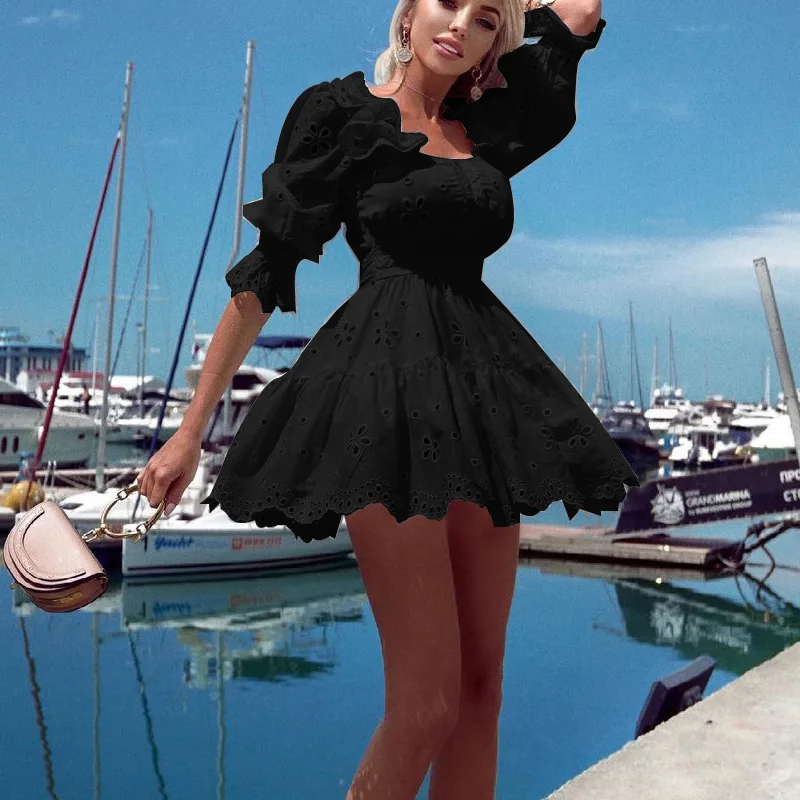 

Combed Cotton hollow lace embroidery white dress Summer 1/2 sleeve high waist swing short dress,robe femme chic