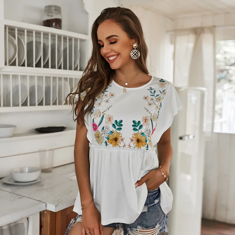 

Summer 2021 Folds Floral Print Woman Tshirts Feminina Loose Waist Graphic Tee Vintage O-neck Egirl Short Sleeve Shirts for Women
