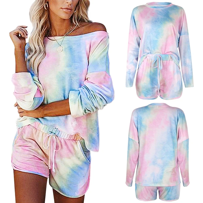 

Women's Fashion Tie Dye Printed Long Sleeve Casual Homewear Suit Blue