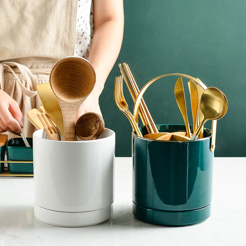 

Ceramic Kitchen Cutlery Storage Tube with Handle Gadgets Tools Organizer Box Accessories Utensils Conatiner Holder Jar Drainer